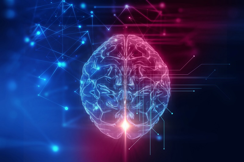 3d rendering of human brain and electrons. representation for electroconvulsive therapy