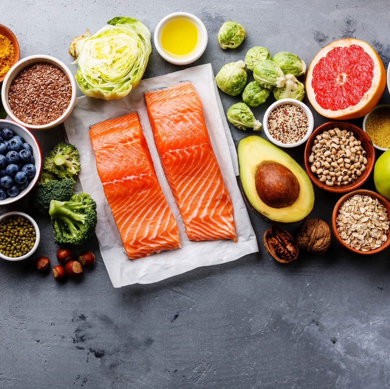 Various superfoods on table