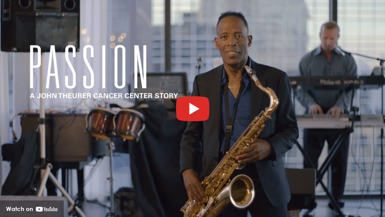 Jazz saxophonist performing during Passion cancer center story